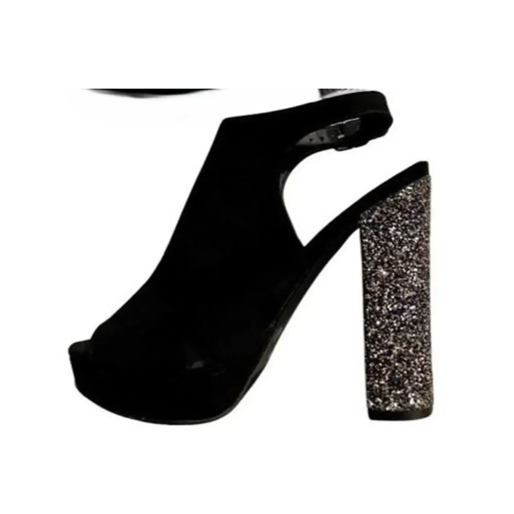 Charlotte Russe Heels Womens Size 6 Black Faux Suede Peep Toe Sparkly 5” Prom